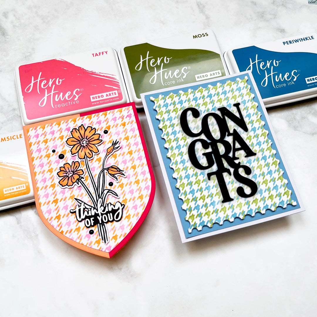 Two cards with custom Houndstooth plaid backgrounds.